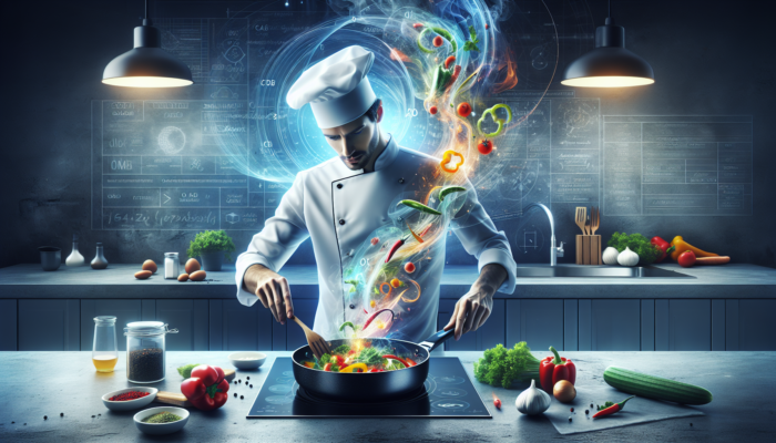 A chef cooking a colorful one-pan meal with steam and vibrant ingredients in a modern kitchen.