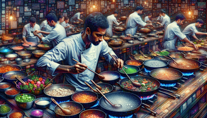 A cook in a busy kitchen manages multiple pans, adding ingredients in batches and tasting to adjust seasoning.