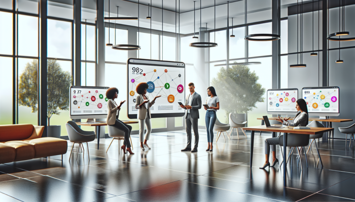 A team collaborates on a user-friendly website design using mobile devices, with analytics displayed on a large screen.