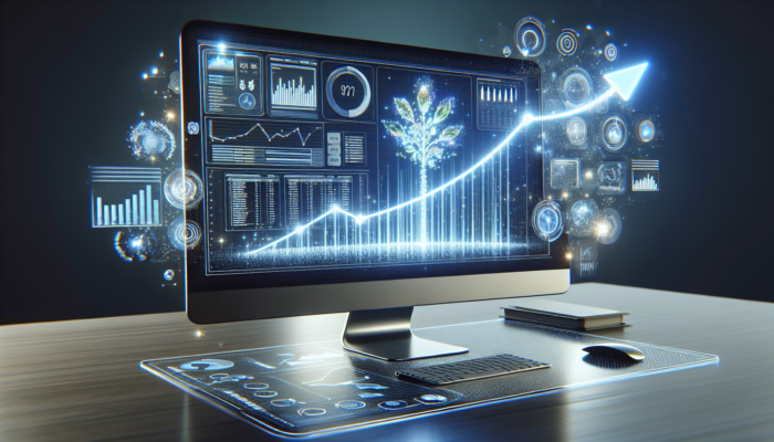 A computer screen showing an SEO dashboard with optimized meta titles, descriptions, and graphs of improved rankings and click-through rates.