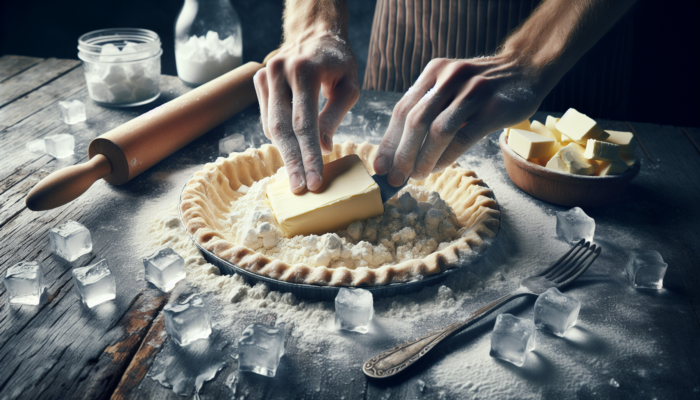 Hands mixing cold butter and flour on a wooden table, with ice and a chilled rolling pin nearby.