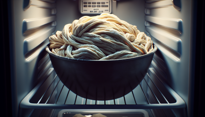 Bowl of dough in refrigerator, gluten strands relaxing, enhancing texture for easier rolling and flakiness, chilled for 30 minutes.