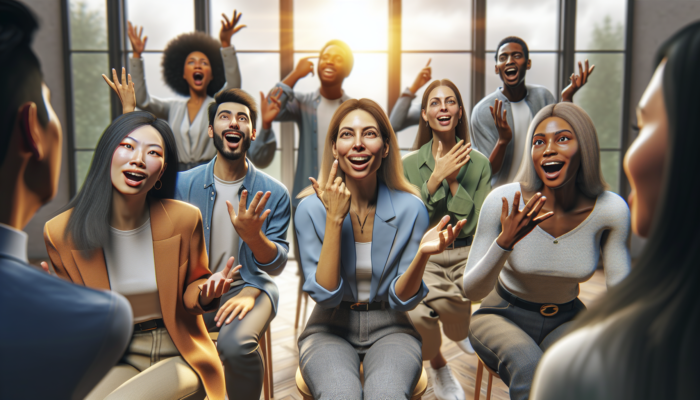 A diverse group practicing expressive gestures in a modern workshop to enhance non-verbal communication skills.