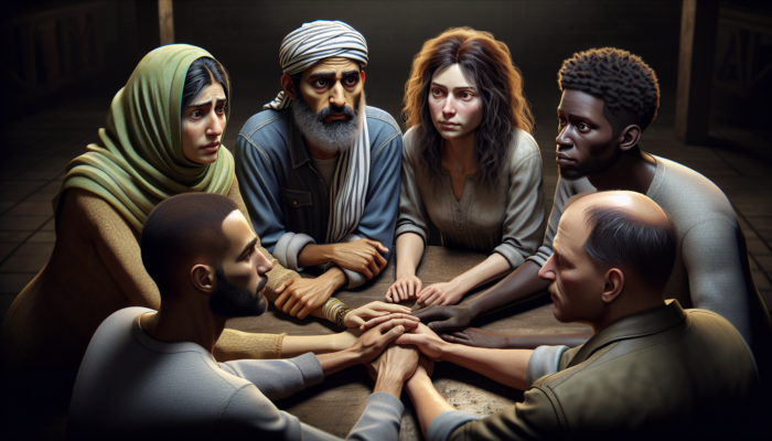 A diverse group showing emotions from fear to calm determination, fostering unity and support.