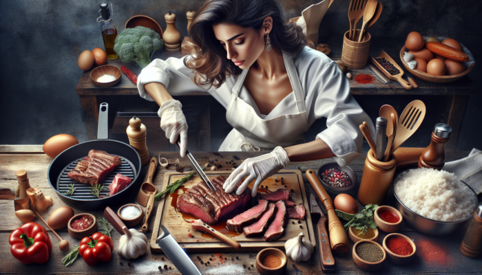 A chef expertly slicing, seasoning, and grilling meat with precision in a professional kitchen.