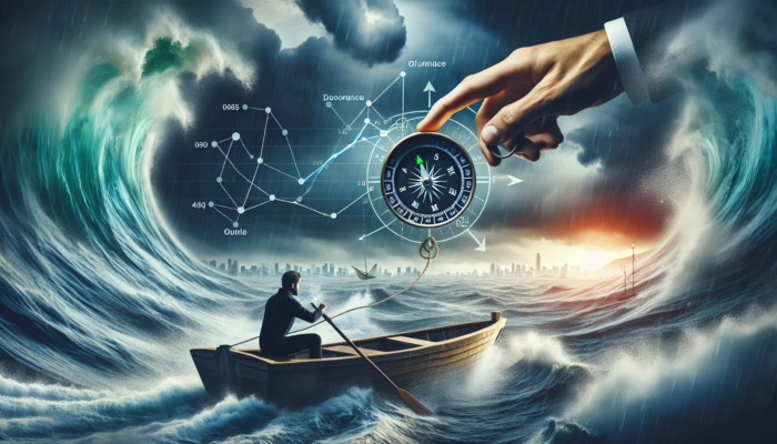 A person using a 'Financial Management' compass to navigate stormy seas towards a calm, prosperous horizon.