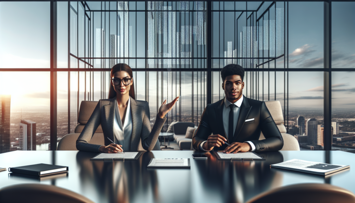 A person in a suit negotiating with a creditor at a conference table in a modern office with city view.