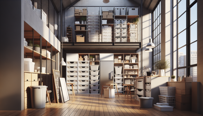 UK loft organised with stackable bins and shelving from IKEA and Argos, maximising vertical space.