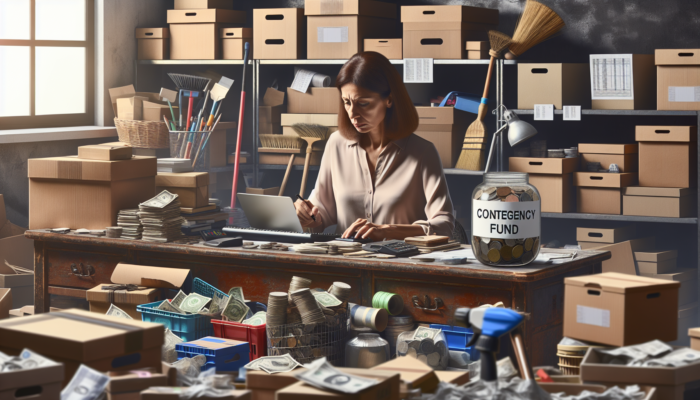 Person calculating budget at desk with loft clearing items and contingency fund jar.