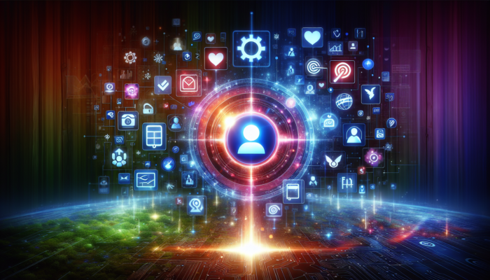 A glowing Google Business Account icon surrounded by symbols of customer engagement, analytics, and marketing tools.