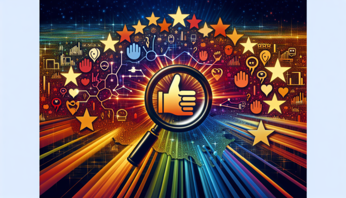 A magnifying glass over a digital map with restaurant icons, charts, and customer reviews showing competitive insights on Yelp.