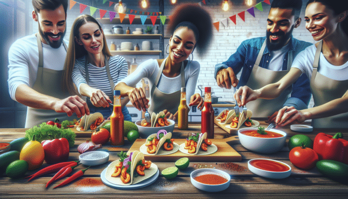 A lively kitchen scene where people adjust the spice in shrimp tacos, using hot sauces and cayenne pepper.