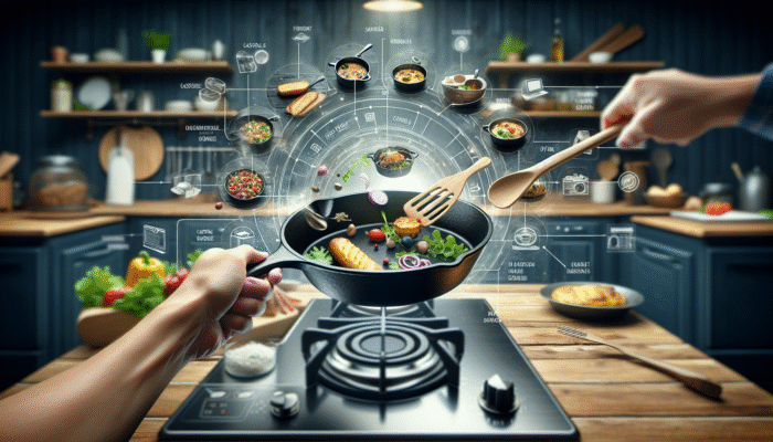 A cast iron skillet cooking various dishes, transitioning from stovetop to oven, showcasing versatility.