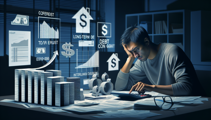 Person calculating interest on debt consolidation loan, surrounded by financial documents and graphs showing accrual over time.