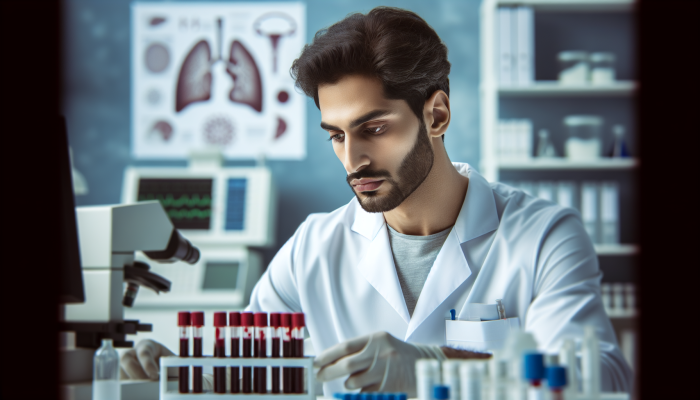 A person in a medical lab preparing for a liver blood test with test tubes and equipment.