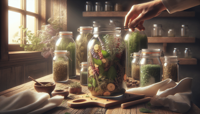 Herbs being chopped and arranged in jars for fermentation in a rustic kitchen.