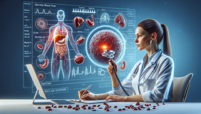 Ferritin Blood Test in Wakefield: Illustration showing the ferritin test revealing iron storage in the liver, spleen, bone marrow, and analysis by healthcare professionals.