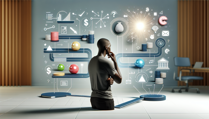 A person choosing the best debt consolidation option, aided by charts and a highlighted path.