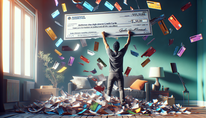Person holding "Personal Loan" check, surrounded by shredded credit card statements, symbolizing debt consolidation and financial freedom.