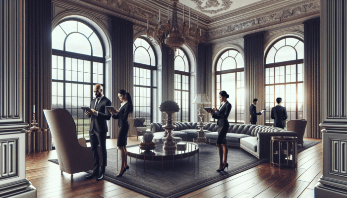 Elegant team coordinating luxury house clearance with digital tablets in modern living room.