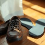 Brown leather shoes with black soles are placed on a wooden floor illuminated by sunlight. Next to the shoes are a pair of blue insoles, positioned out of the shoes. A white curtain is partially visible in the background.