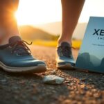 A person wearing black athletic shoes stands on a gravel path at sunset next to an upright book titled "Xero Shoes: The Beginner's Guide" with mountains pictured on the cover.