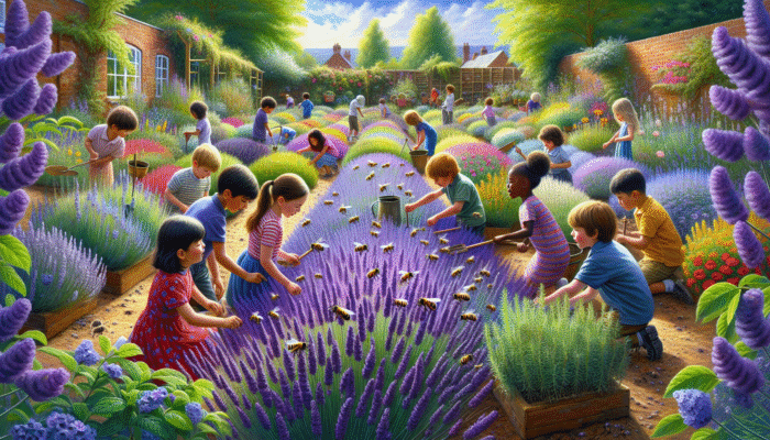 Children planting lavender, rosemary, and thyme in a UK garden, learning about resilience and biodiversity.