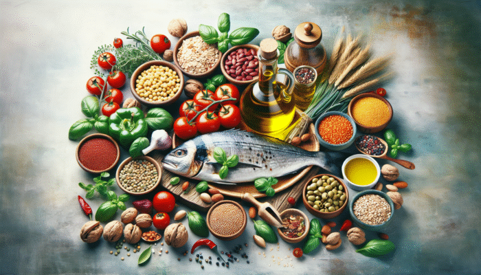 Olive oil, tomatoes, grains, legumes, nuts, fish, and herbs on a Mediterranean table, representing health and flavor.