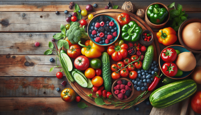 Ripe tomatoes, crisp cucumbers, vibrant bell peppers, and seasonal berries on a rustic wooden table.
