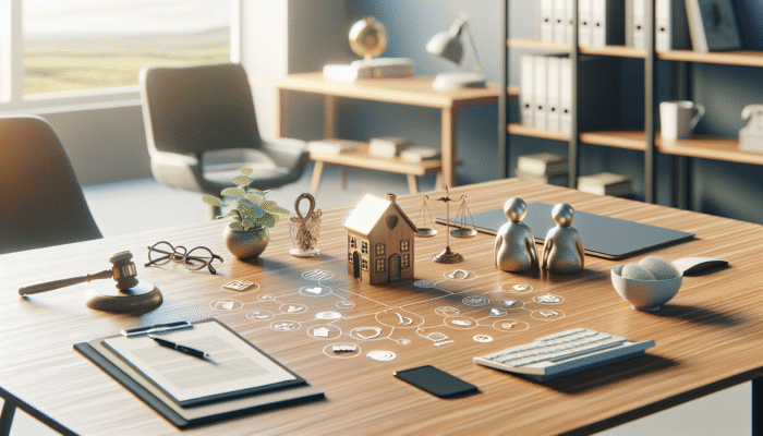 A desk with "Lasting Power of Attorney" documents, symbols of property management and elderly care.