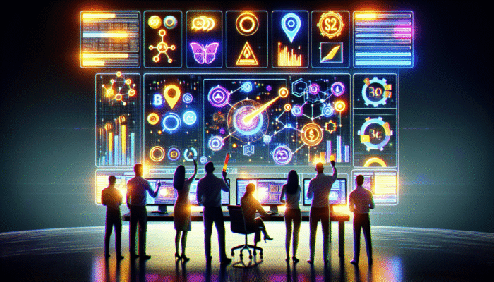 Digital dashboard showing ad performance metrics and marketers optimizing ad elements on a screen.