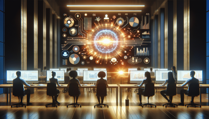 A modern office with a digital dashboard showing real-time analytics and social media data, team adjusting strategies.