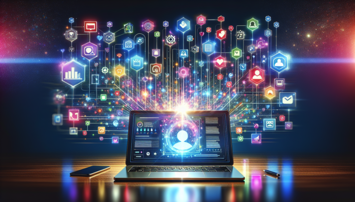 A laptop showing a Google Business profile with icons of promotional tools, updated information, and customer reviews.