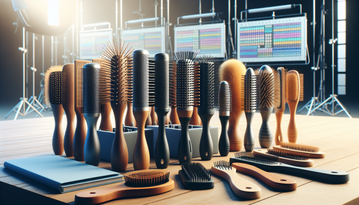 Variety of hairbrushes made from wood, metal, and plastic materials displayed on a wooden table in a studio.