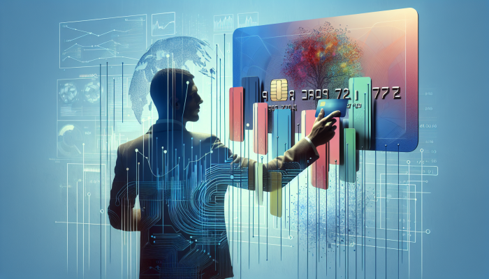 A person organizing colorful credit cards into one clear card, with financial graphs and blue background.