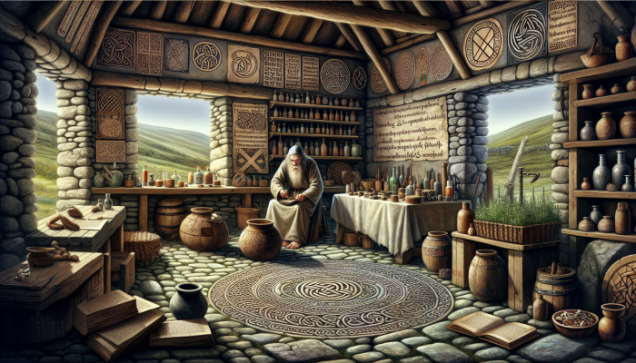 A 10th-century Anglo-Saxon apothecary using local herbs and ancient texts like Bald's Leechbook in a rustic British setting.