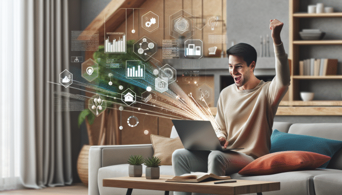 Person using laptop to compare furniture prices on PriceSpy, Google Shopping, and idealo, with price variation graphs and alerts in a cosy home.