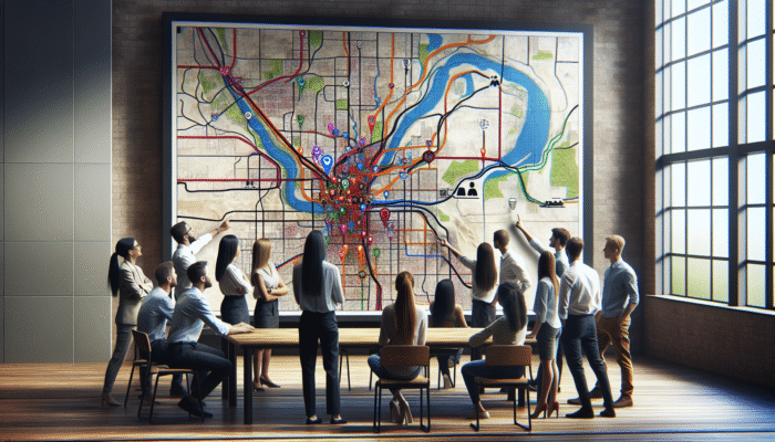 A group discussing wildfire evacuation routes on a map at a community center.