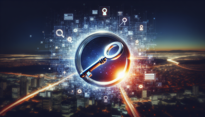 A digital key unlocking a glowing portal with Google logo, enhancing online visibility in a cityscape.