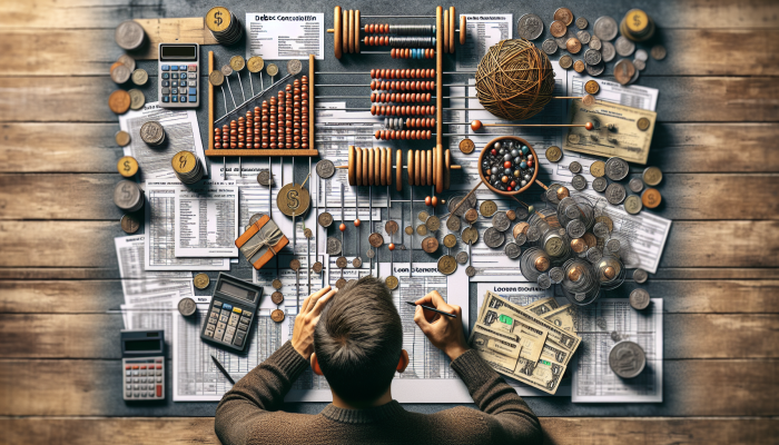 How Much Debt Do You Need to Consolidate: A UK Guide | DCL A person compiling a detailed list of debts on a cluttered desk with financial documents and a calculator.