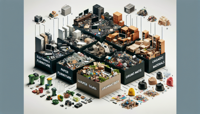 Infographic showing categories of waste during house clearance: electronics, furniture, paper, glass, organic materials.