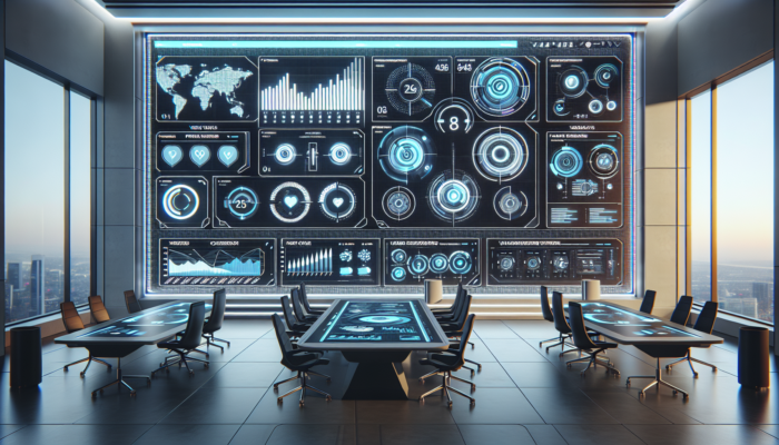 Futuristic dashboard showing Google page metrics like views, searches, and user actions in a modern office.