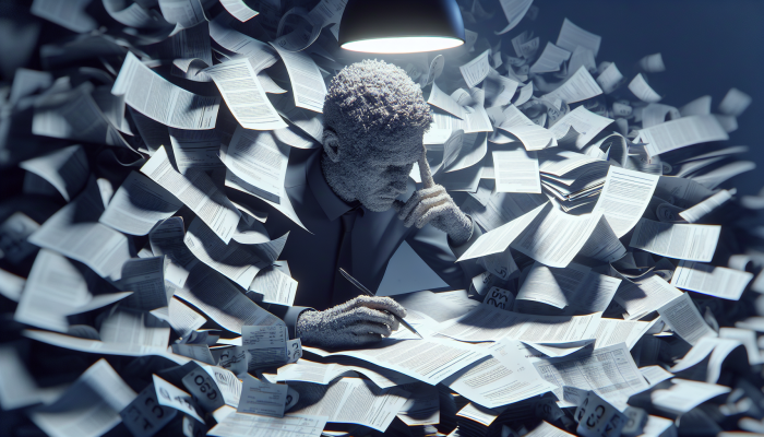 How to Consolidate Debt with Fluctuating Income: A Guide | DCL Person calculating total debt amidst scattered financial statements on a cluttered desk, under a harsh lamp.