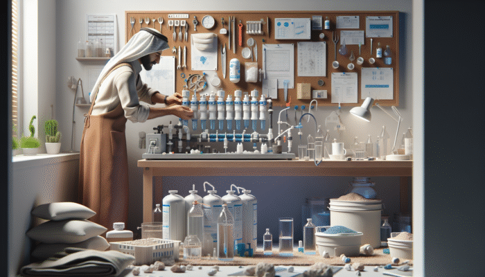 Person cleaning and replacing DIY water filter components on an organized workspace.