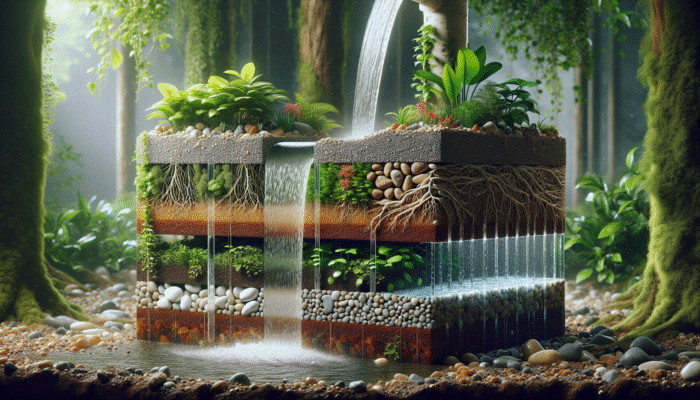 Cross-section of DIY water filter with gravel, pebbles, and plant roots in a natural setting.