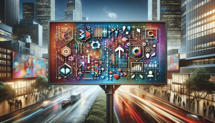 A digital billboard displaying Google Business Categories with strategic selection and audience targeting analytics in an urban environment.