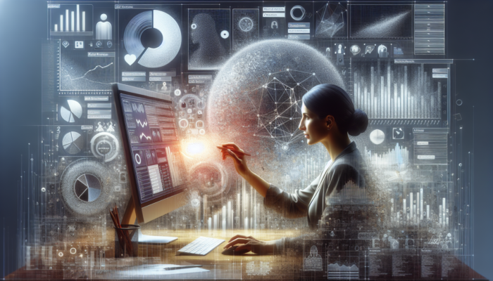 Business owner updating Google Business Categories on computer, surrounded by charts, feedback, and industry trends.