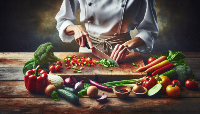 A chef chopping fresh vegetables on a wooden board, surrounded by colorful ingredients for a healthy meal.