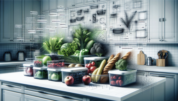 Fresh produce and baked goods in a modern kitchen, using various storage methods for maximum freshness.