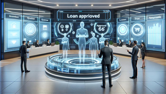 Debt Consolidation Loans with Fast Approval: Quick Solutions | DCL Futuristic bank with holographic displays for quick loan approvals, happy customers, modern design.
